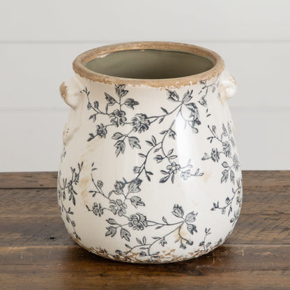 Vase Nearly Natural 6.5in Floral Tuscan ceramic gray scroll planter with black botanical pattern on Tampa Home & Garden Store