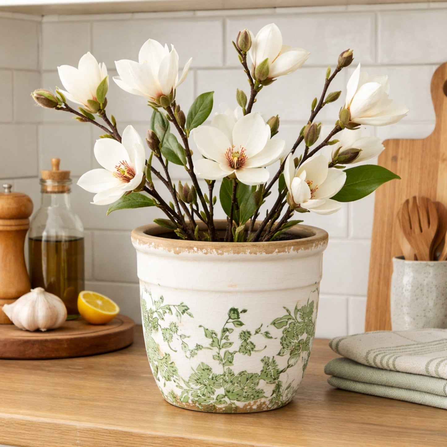 Planter Nearly Natural 6.5in Floral Tuscan ceramic green scroll with magnolia blossoms on Tampa Home & Garden Store