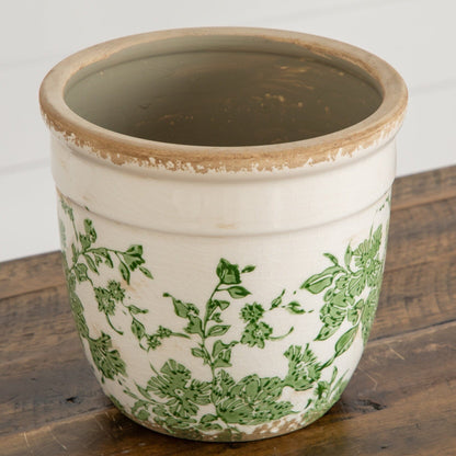 Planter 6.5in ceramic with green floral Tuscan scroll pattern and distressed rim on Tampa Home & Garden Store