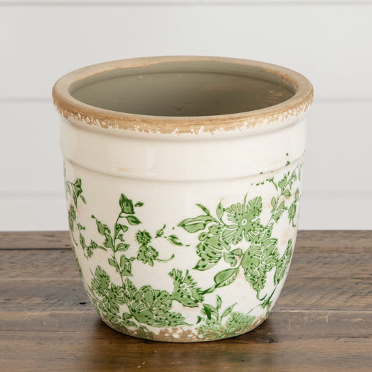 6.5” Floral Tuscan ceramic planter white with green scroll pattern, rim, Nearly Natural on Tampa Home & Garden Store