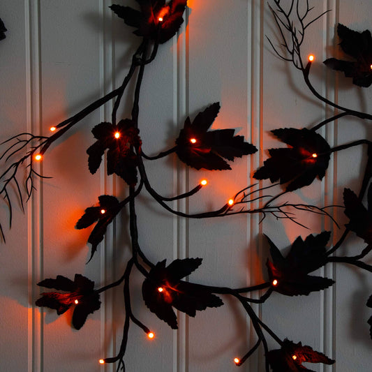 6.5' Pre-Lit Artificial Halloween Black Maple Garland with orange LED lights on Tampa Home & Garden Store