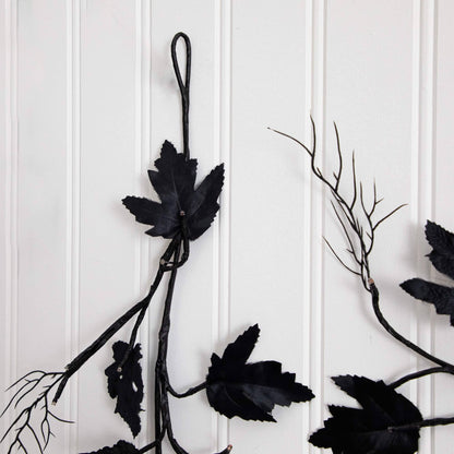 6.5' pre-lit Halloween black maple garland by Nearly Natural with 48 orange & purple LEDs on Tampa Home & Garden Store