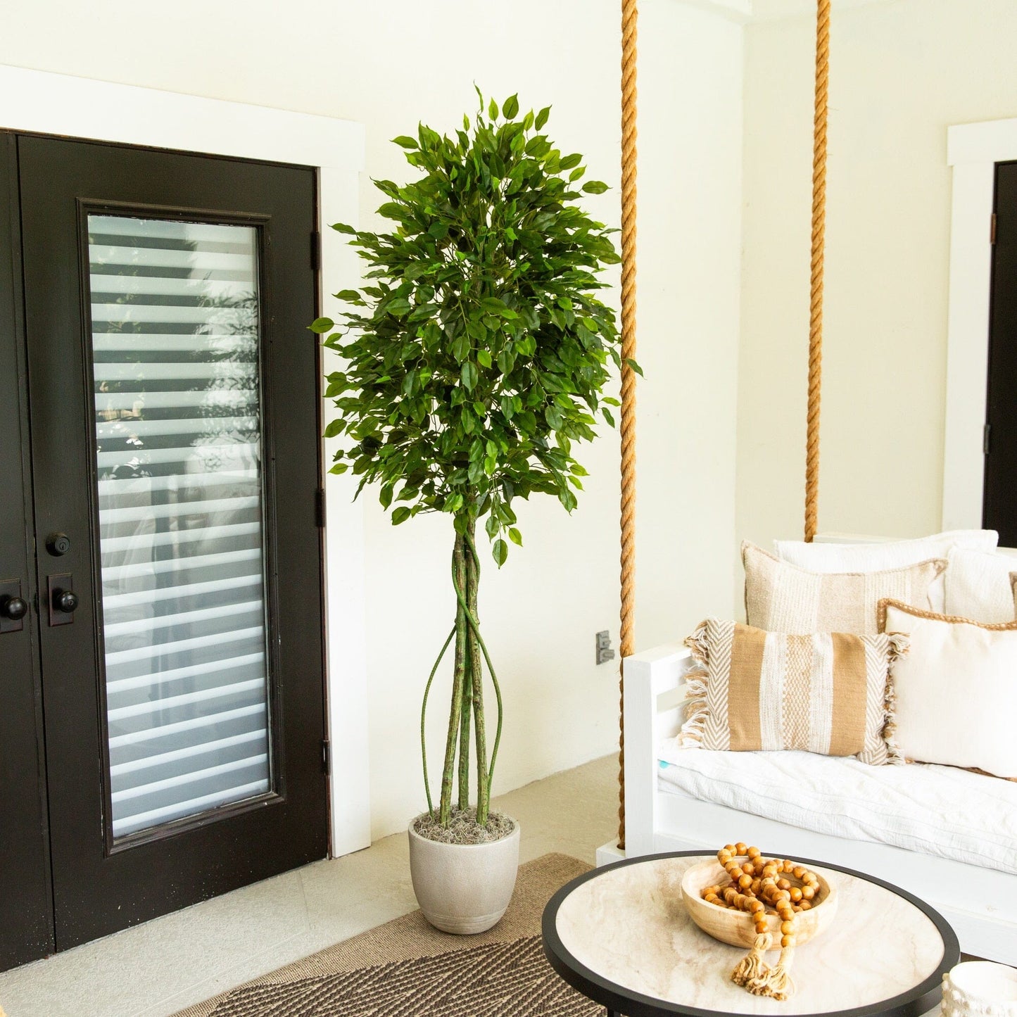 6.5' UV Resistant Artificial Ficus Tree (Indoor/Outdoor) by Nearly Natural in a gray pot on Tampa Home & Garden Store