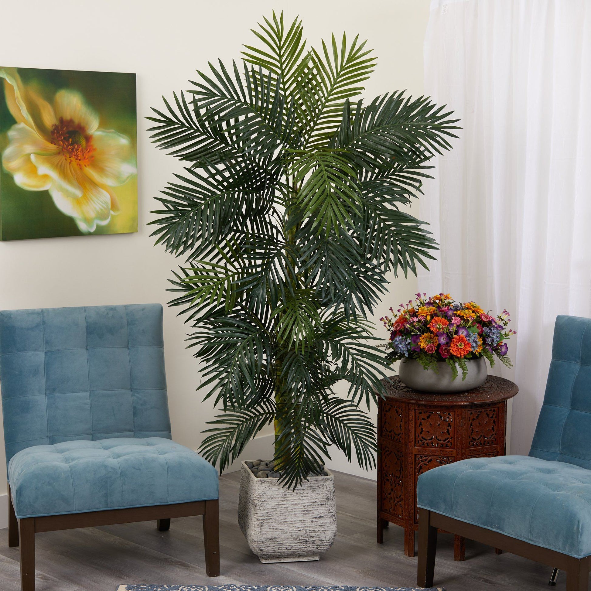 6.5’ Golden Cane artificial palm tree in white planter, Nearly Natural, indoor decor on Tampa Home & Garden Store