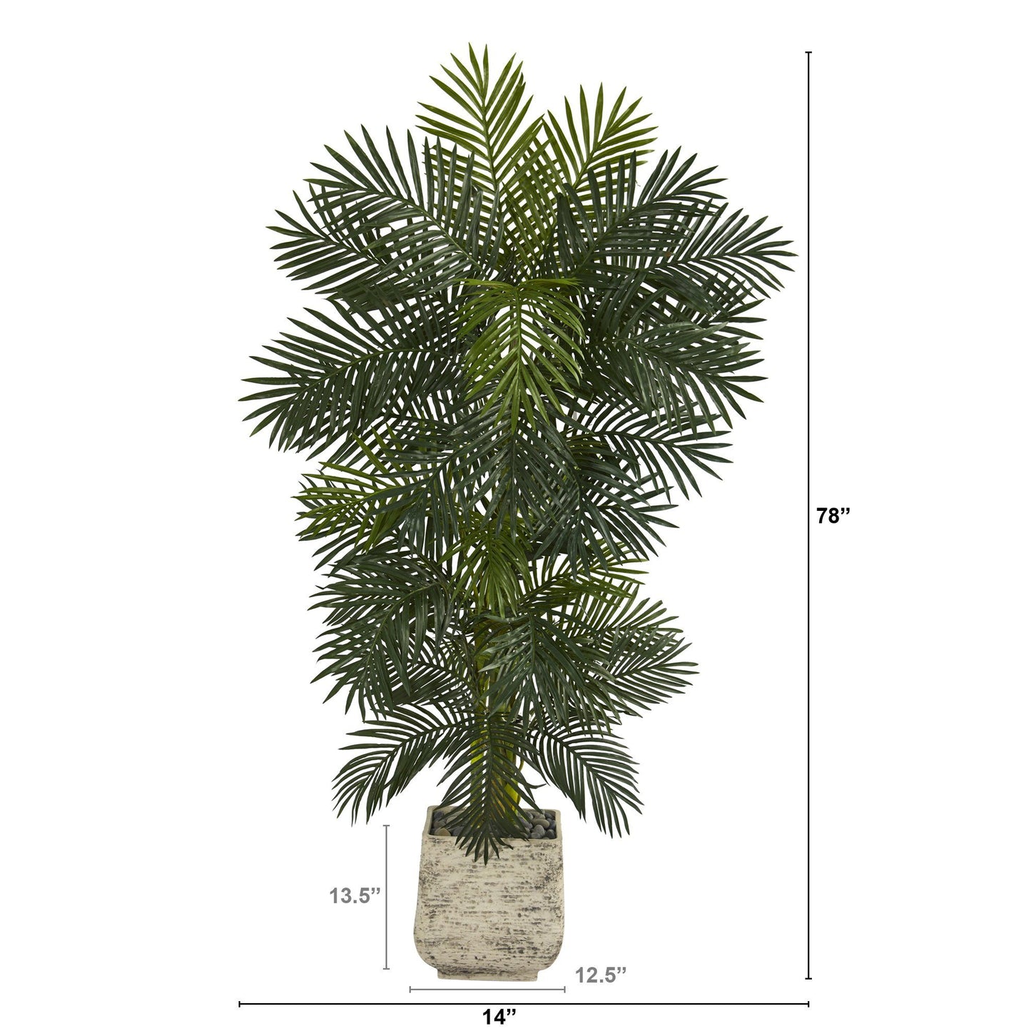 6.5 ft Golden Cane artificial palm tree in a white planter by Nearly Natural with stone filler on Tampa Home & Garden Store