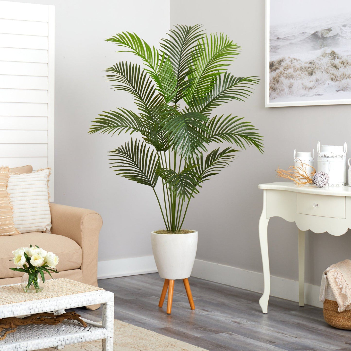 Palmera artificial Golden Cane de 1,98 m en macetero blanco con soporte