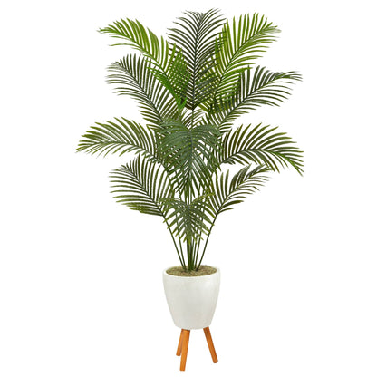Palmera artificial Golden Cane de 1,98 m en macetero blanco con soporte