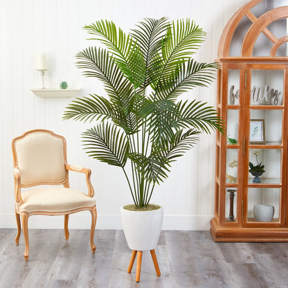 Palmera artificial Golden Cane de 1,98 m en macetero blanco con soporte