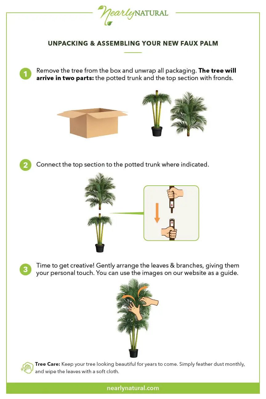 Golden Cane Palm Tree 6.5 ft Nearly Natural instruction guide: unpacking and trunk assembly on Tampa Home & Garden Store