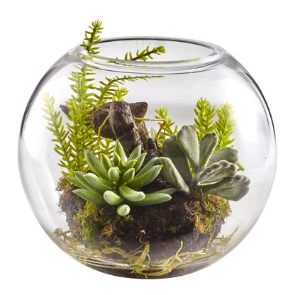 6.5in Mix Succulent Garden in glass vase by Nearly Natural with moss accents on Tampa Home & Garden Store