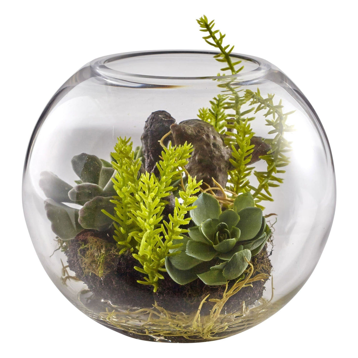 6.5” Mix Succulent Garden in clear glass vase with moss and rocks, Nearly Natural on Tampa Home & Garden Store