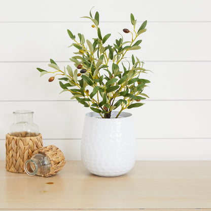 6.5” oval iron planter vase with Nearly Natural olive branch arrangement in a white textured pot on Tampa Home & Garden Store