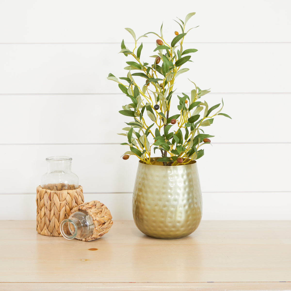 6.5-inch oval iron planter in hammered gold with Nearly Natural olive stems on Tampa Home & Garden Store