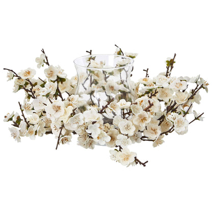 6.5 inch Plum Blossom Candelabrum by Nearly Natural in a glass vase with white blossoms on Tampa Home & Garden Store