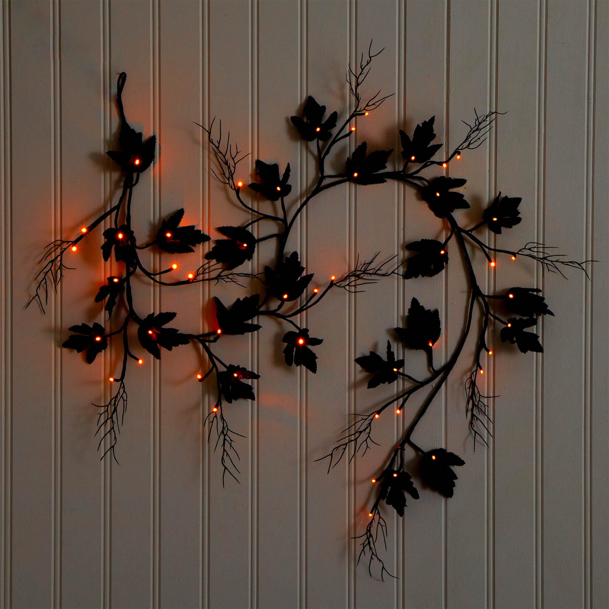 6.5' Pre-Lit Artificial Halloween Black Maple Garland with orange LEDs by Nearly Natural on Tampa Home & Garden Store