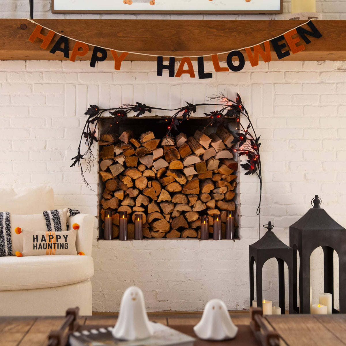 Nearly Natural 6.5' Halloween Black Maple Garland with 48 orange & purple LEDs on mantle on Tampa Home & Garden Store