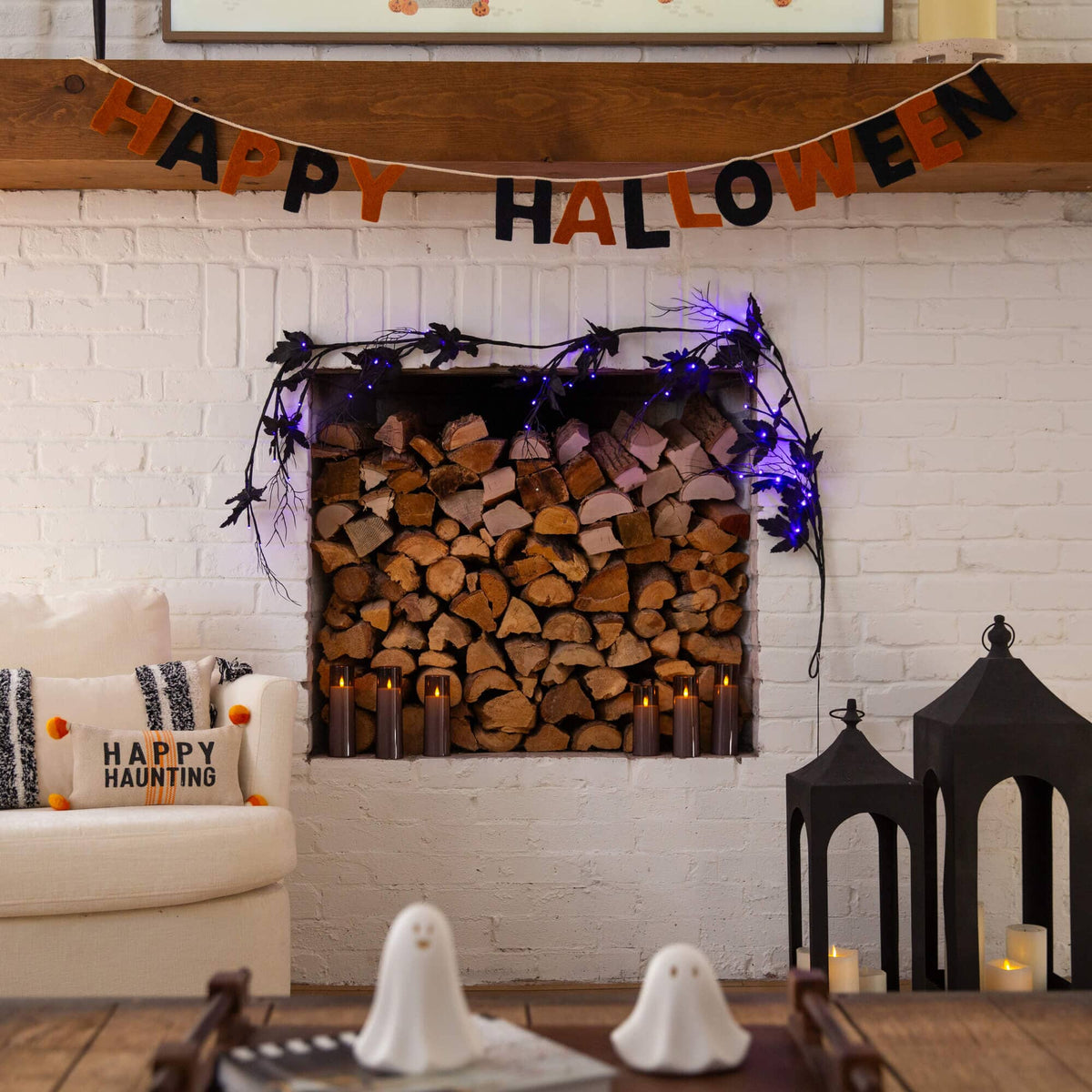 Garland 6.5' Pre-Lit Halloween Black Maple with 48 orange & purple LEDs Nearly Natural on Tampa Home & Garden Store