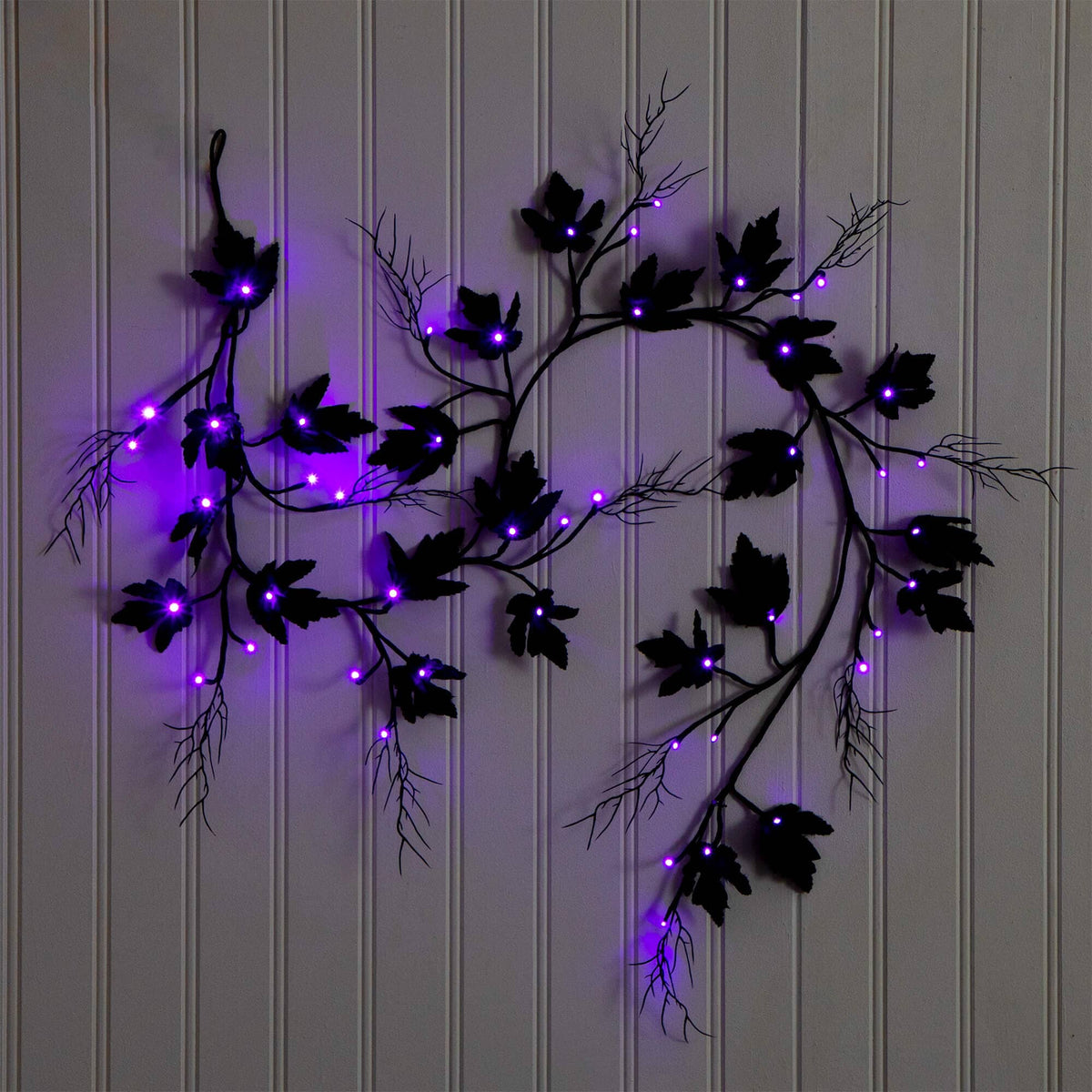 6.5' pre-lit black maple garland with 48 orange & purple LEDs by Nearly Natural on Tampa Home & Garden Store