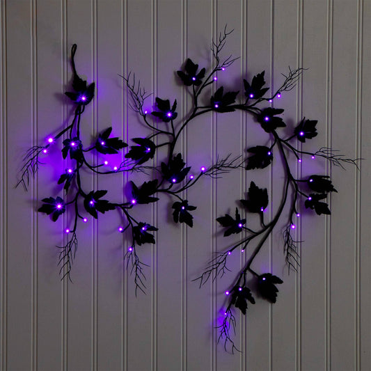 6.5' pre-lit black maple garland with 48 orange & purple LEDs by Nearly Natural on Tampa Home & Garden Store
