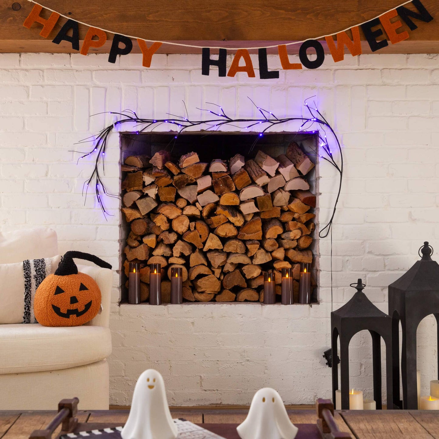 6.5' Pre-Lit Halloween Black Twig Garland with 48 Purple LEDs, Nearly Natural on Tampa Home & Garden Store