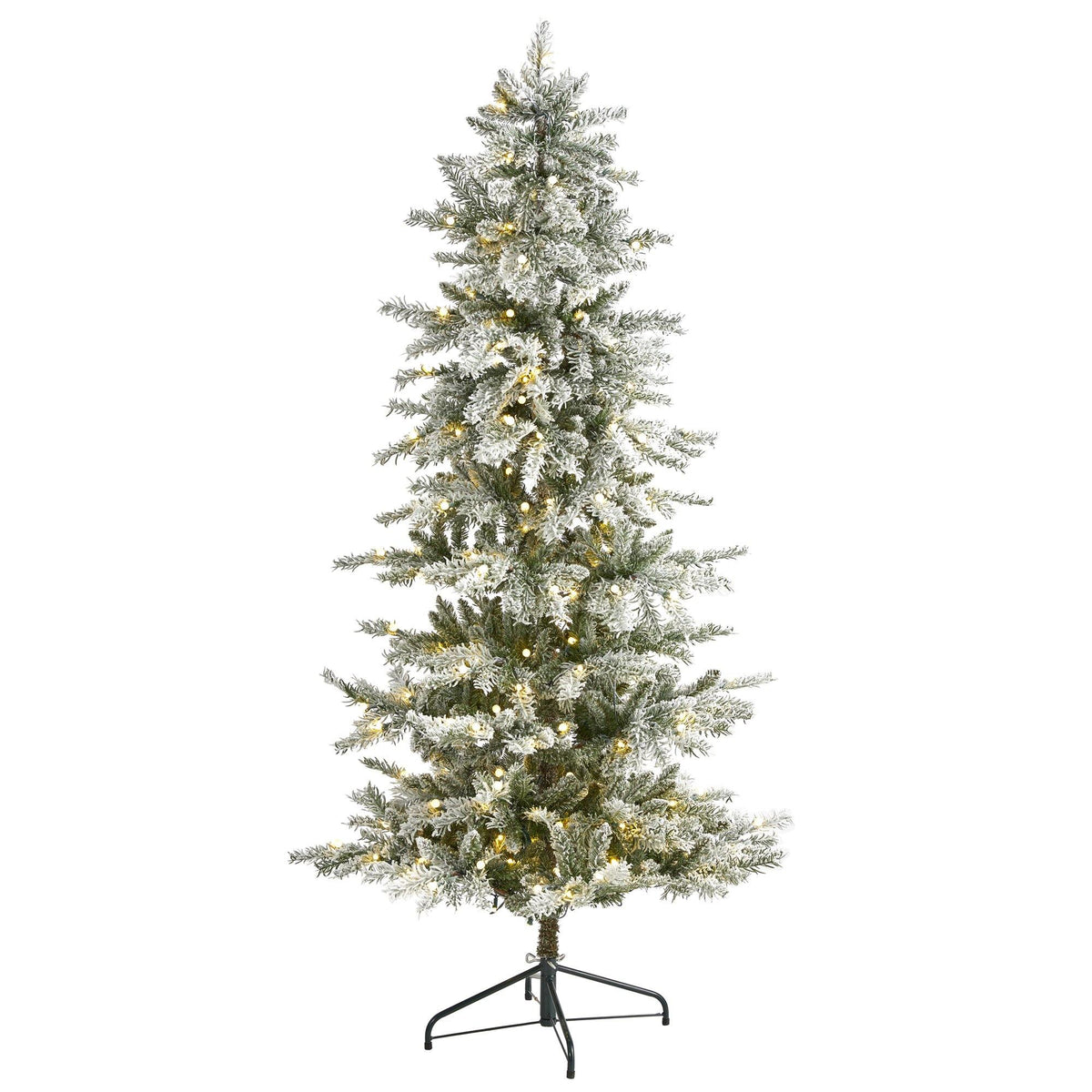 6.5 ft Slim flocked Nova Scotia spruce artificial tree with 300 LED lights on a metal stand on Tampa Home & Garden Store