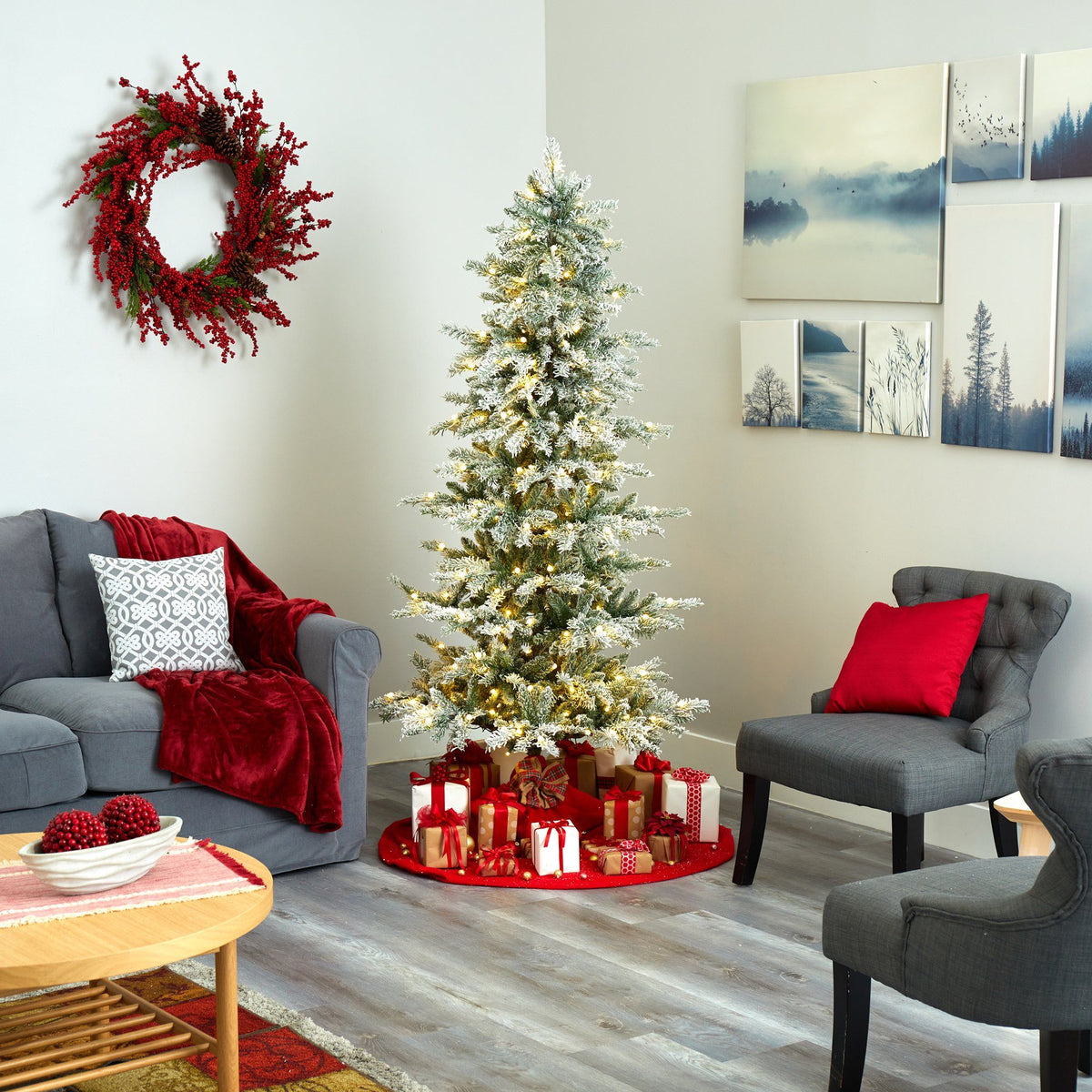 6.5 ft flocked Nova Scotia spruce Christmas tree with 300 LEDs and 699 bendable branches on Tampa Home & Garden Store