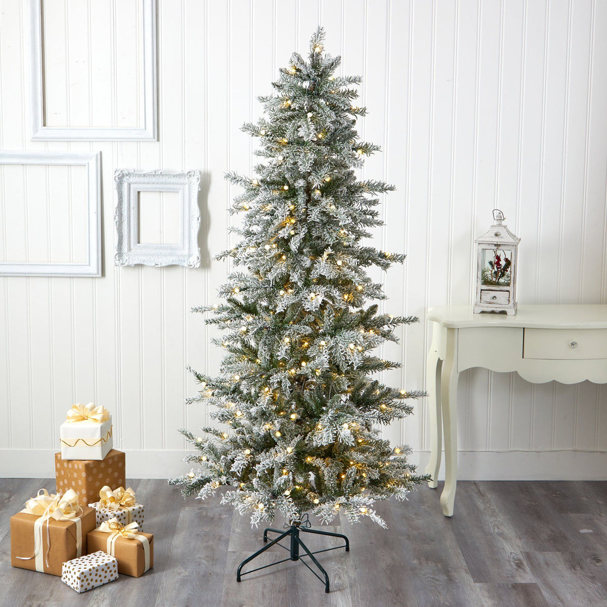 Christmas Tree 6.5 ft Slim Flocked Nova Scotia Spruce with 300 warm white LEDs on Tampa Home & Garden Store