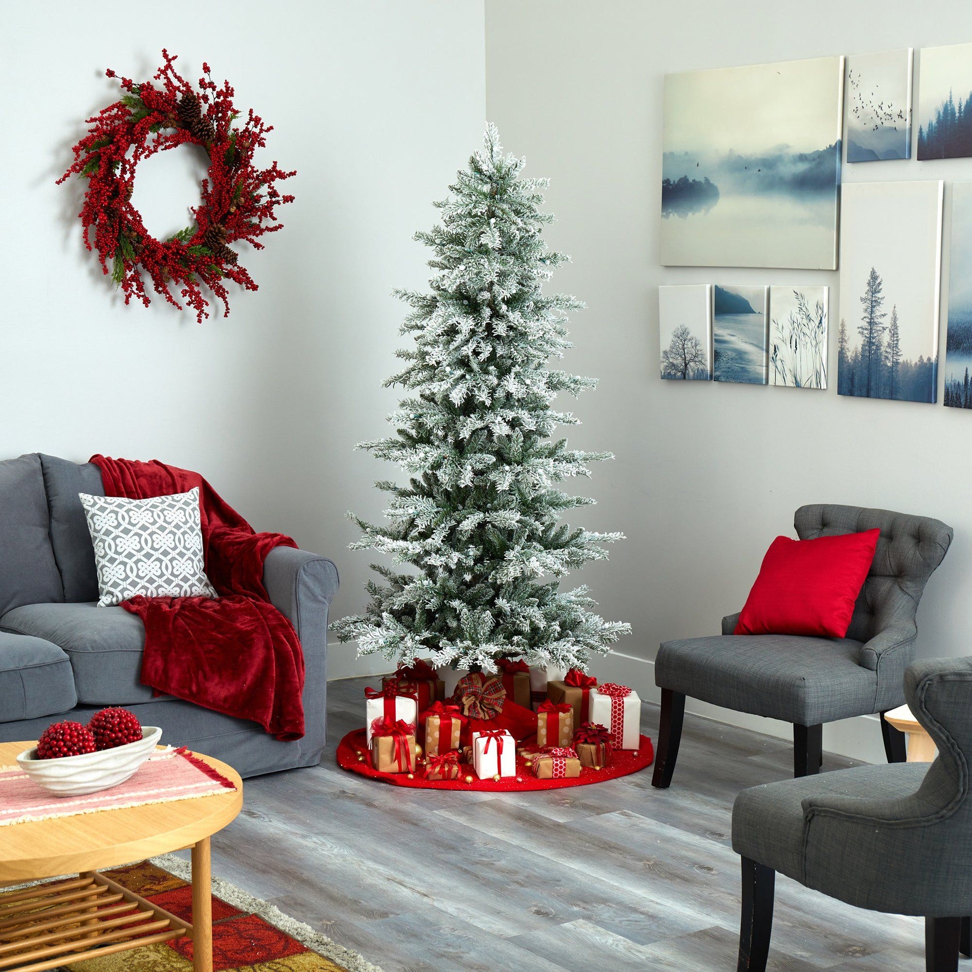 Nearly Natural 6.5’ Slim Flocked Nova Scotia Spruce Christmas Tree with 300 warm white LEDs on Tampa Home & Garden Store