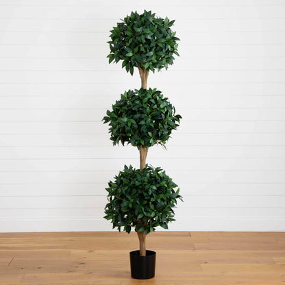 6.5 ft Sweet Bay Triple Ball Topiary by Nearly Natural in a black pot with lush green foliage on Tampa Home & Garden Store