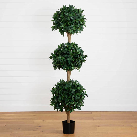 6.5 ft Sweet Bay Triple Ball Topiary by Nearly Natural in a black pot with lush green foliage on Tampa Home & Garden Store
