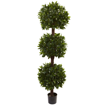 6.5’ Sweet Bay Triple Ball Topiary by Nearly Natural in black pot with glossy green leaves on Tampa Home & Garden Store