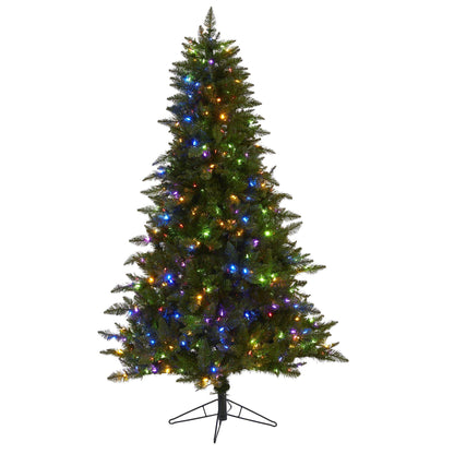 6.5' Vermont Spruce artificial Christmas tree with bright multicolor lights on metal stand on Tampa Home & Garden Store