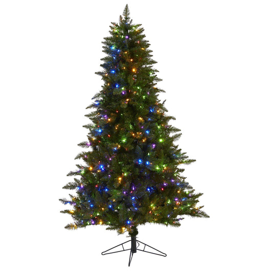 6.5' Vermont Spruce artificial Christmas tree with bright multicolor lights on metal stand on Tampa Home & Garden Store