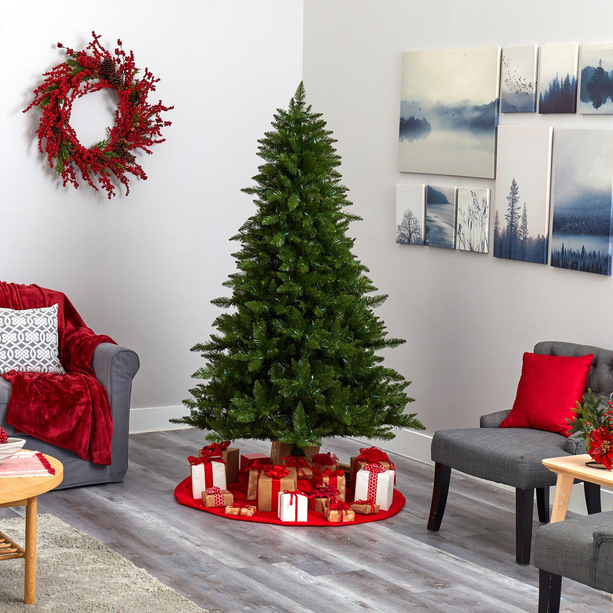 Nearly Natural 6.5' Vermont Spruce artificial Christmas tree in a living room with gifts on Tampa Home & Garden Store