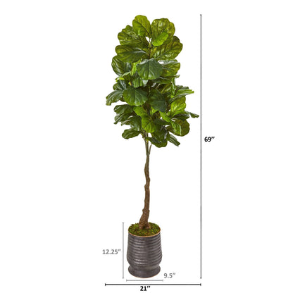 Fiddle Leaf Fig tree, 69in, in ribbed metal planter with moss, Nearly Natural Real Touch on Tampa Home & Garden Store