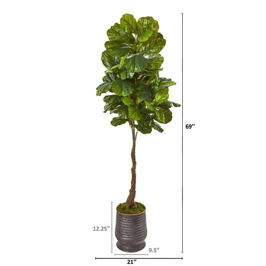 Fiddle Leaf Fig tree, 69in, in ribbed metal planter with moss, Nearly Natural Real Touch on Tampa Home & Garden Store