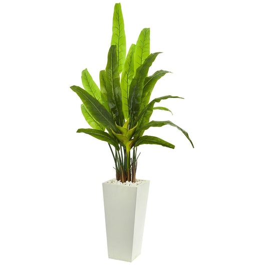 69” Traveler's Palm artificial tree by Nearly Natural in white tower planter with rocks on Tampa Home & Garden Store