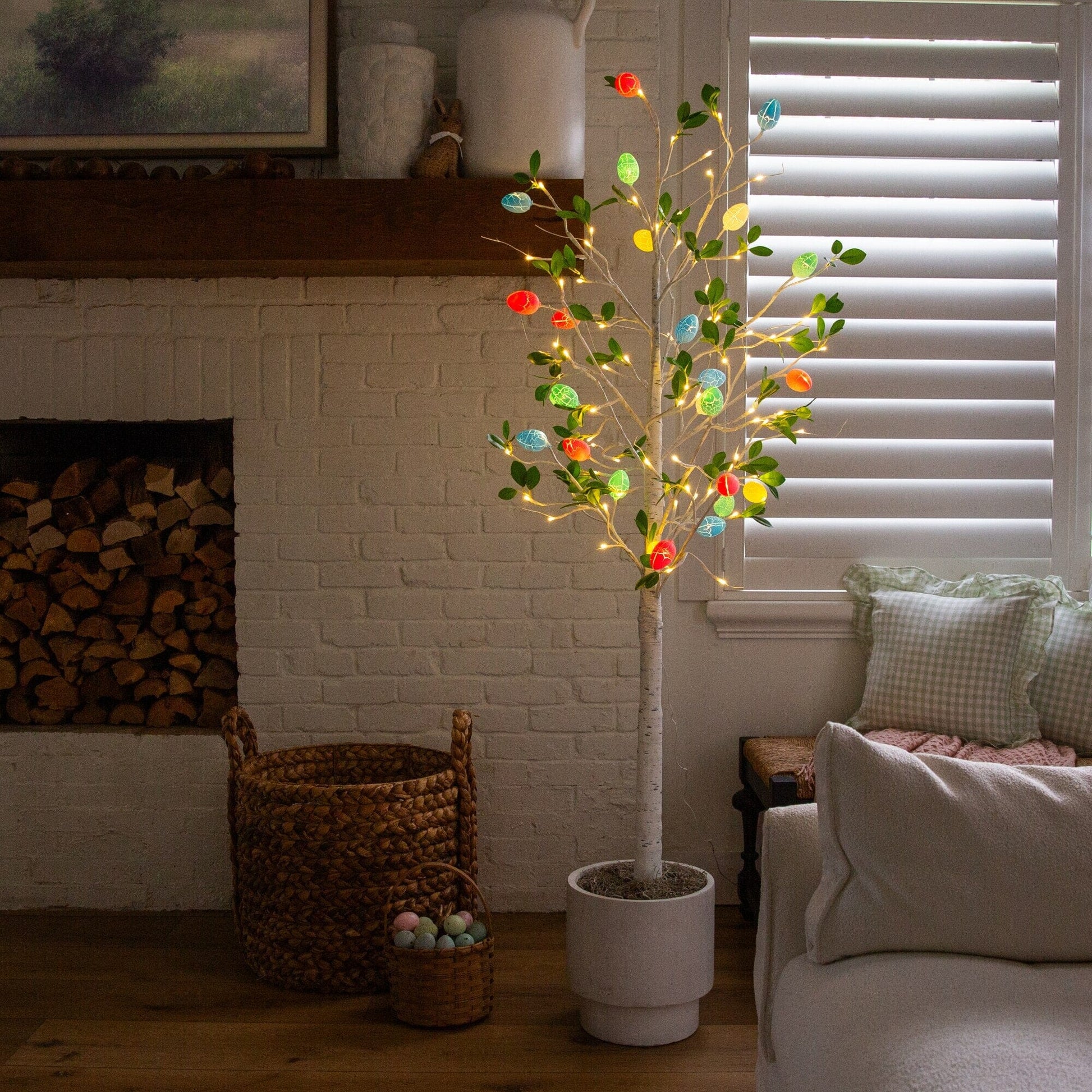 6' Pre-Lit Easter Egg Twig Tree by Nearly Natural, 24 warm white LEDs in a white pot on Tampa Home & Garden Store
