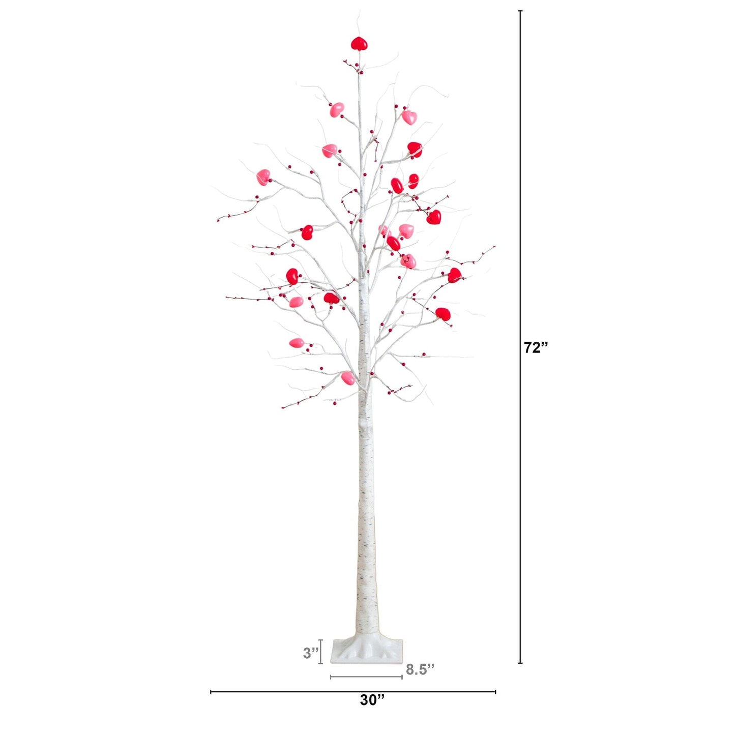 Nearly Natural 6' Pre-Lit White Twig Tree with 96 heart-shaped LED lights and red berries on Tampa Home & Garden Store