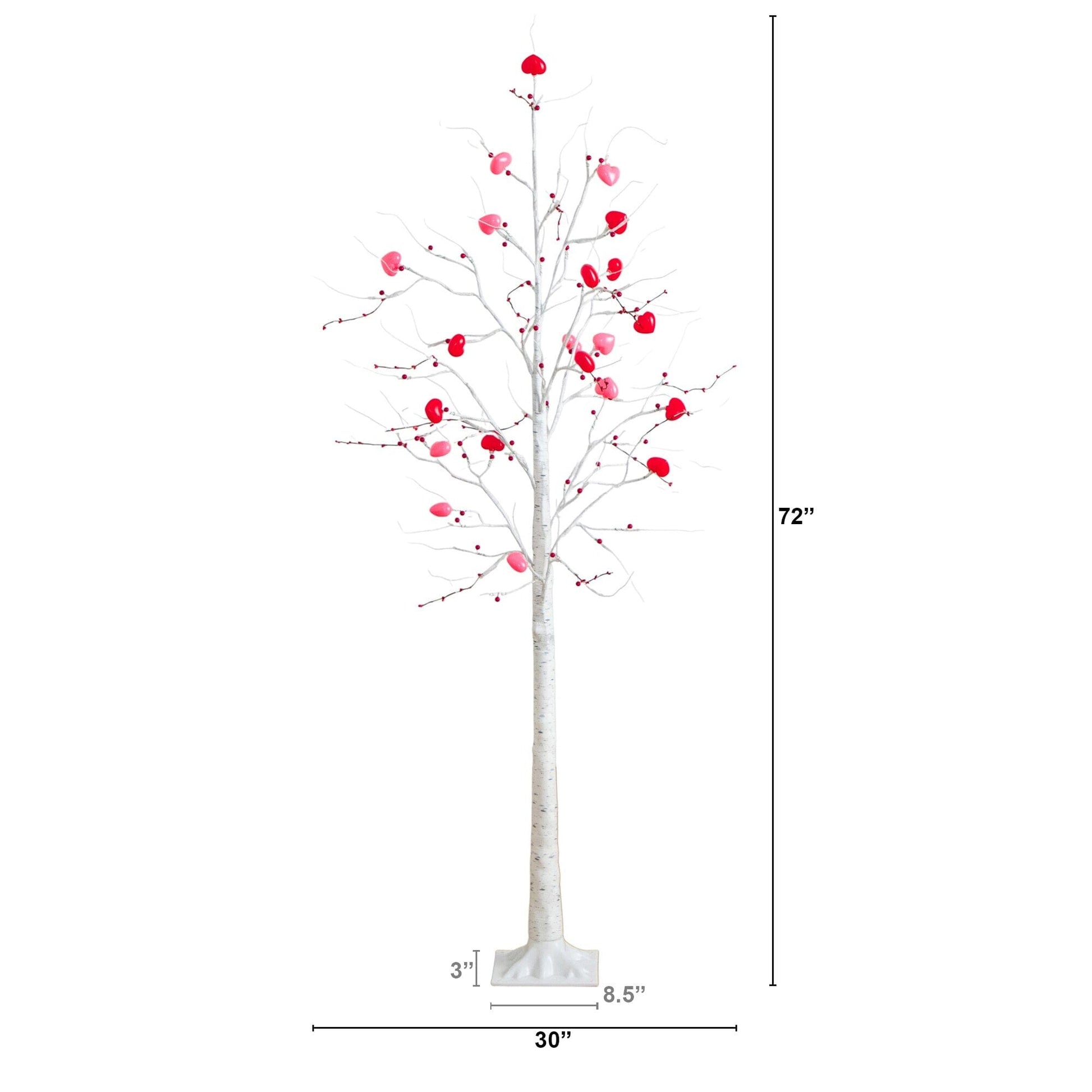 Nearly Natural 6' Pre-Lit White Twig Tree with 96 heart-shaped LED lights and red berries on Tampa Home & Garden Store