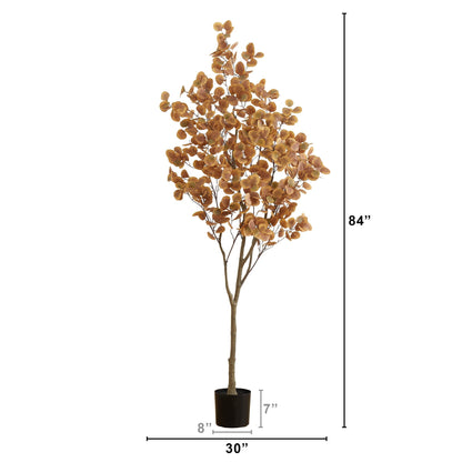 7' Nearly Natural artificial autumn eucalyptus tree in black pot with golden leaves on Tampa Home & Garden Store