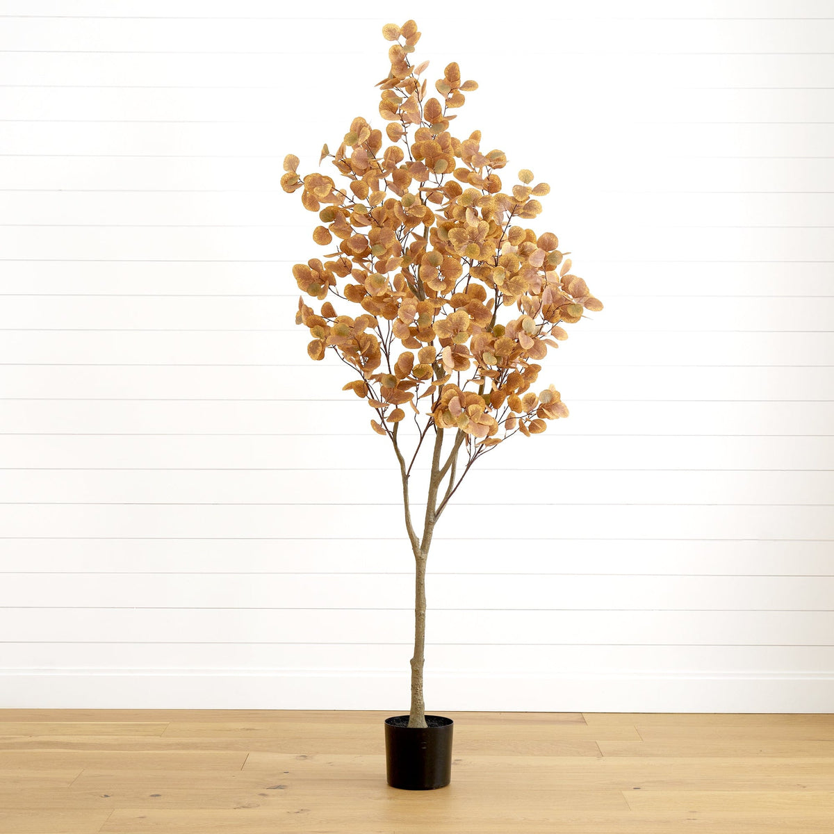 7 ft artificial autumn eucalyptus tree with bronze-brown leaves in a black pot Nearly Natural on Tampa Home & Garden Store