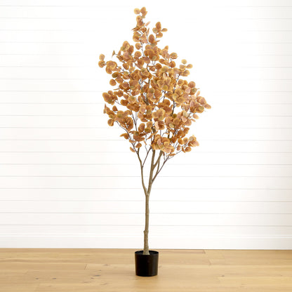 7 ft artificial autumn eucalyptus tree with bronze-brown leaves in a black pot Nearly Natural on Tampa Home & Garden Store