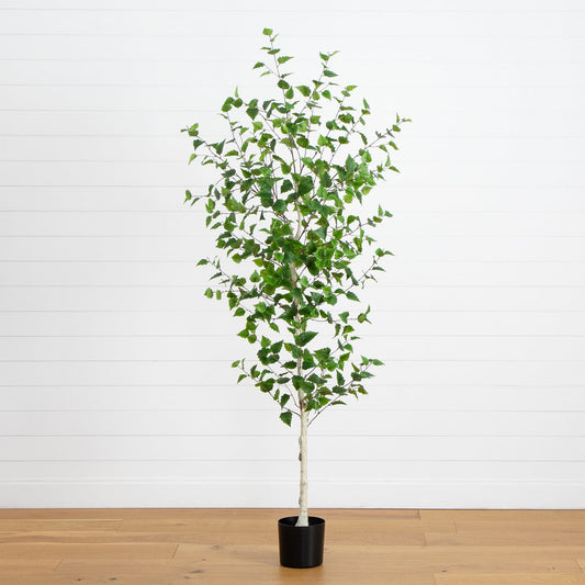 7’ Artificial Birch Tree in black planter with lush green leaves on Tampa Home & Garden Store