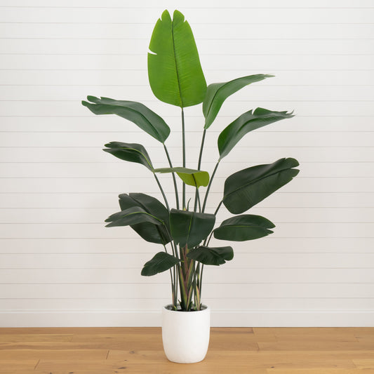 Árbol artificial de ave del paraíso de 7 pies con macetero de piedra de resina