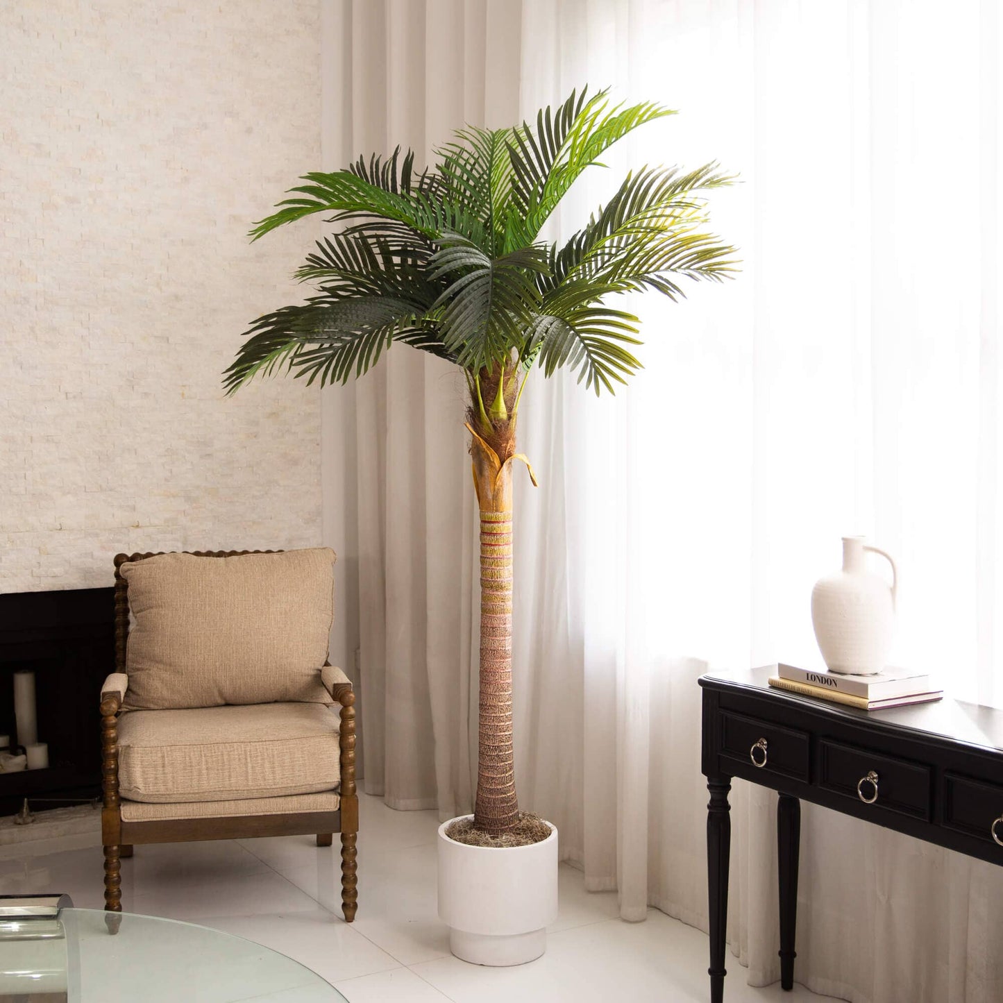 7 ft Nearly Natural artificial coconut palm tree with green fronds in white planter on Tampa Home & Garden Store