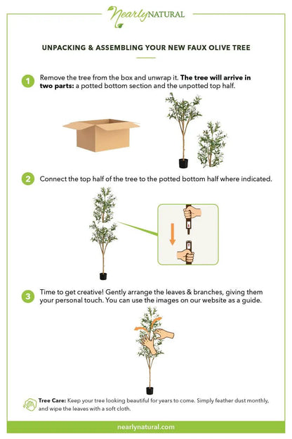 Artificial Olive Tree with Natural Trunk guide showing unpacking and two-part assembly on Tampa Home & Garden Store
