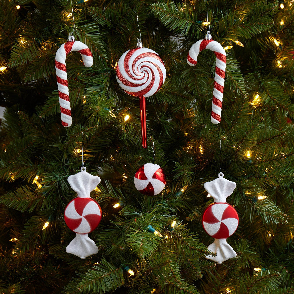 Ornament set: 6 Nearly Natural 7in candy cane and swirl shatterproof decorations in red and white on Tampa Home & Garden Store