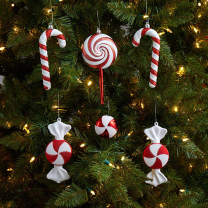 Ornament set: 6 Nearly Natural 7in candy cane and swirl shatterproof decorations in red and white on Tampa Home & Garden Store