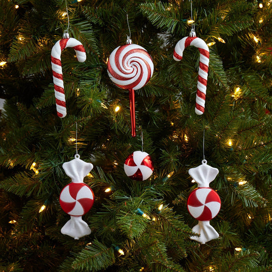 Ornament set: 6 Nearly Natural 7in candy cane and swirl shatterproof decorations in red and white on Tampa Home & Garden Store